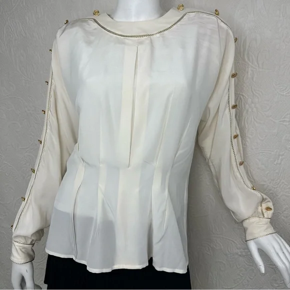 Lillie Rubin x Adrianna Papell Silk VTG Gold Trim Sleeve Button Blouse - Picture 1 of 14